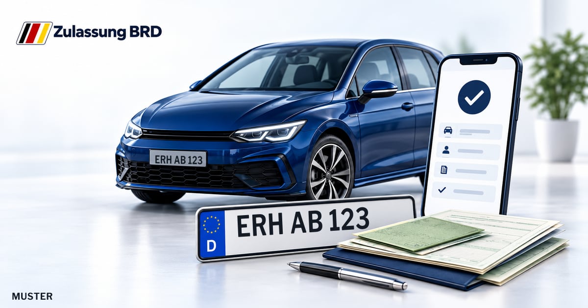 Online Fahrzeugzulassung in Höchstadt a.d.Aisch: Musterkennzeichen ERH AB 123, Auto und Fahrzeugpapiere und Smartphone. Illustration mit Logo von Zulassung BRD.
